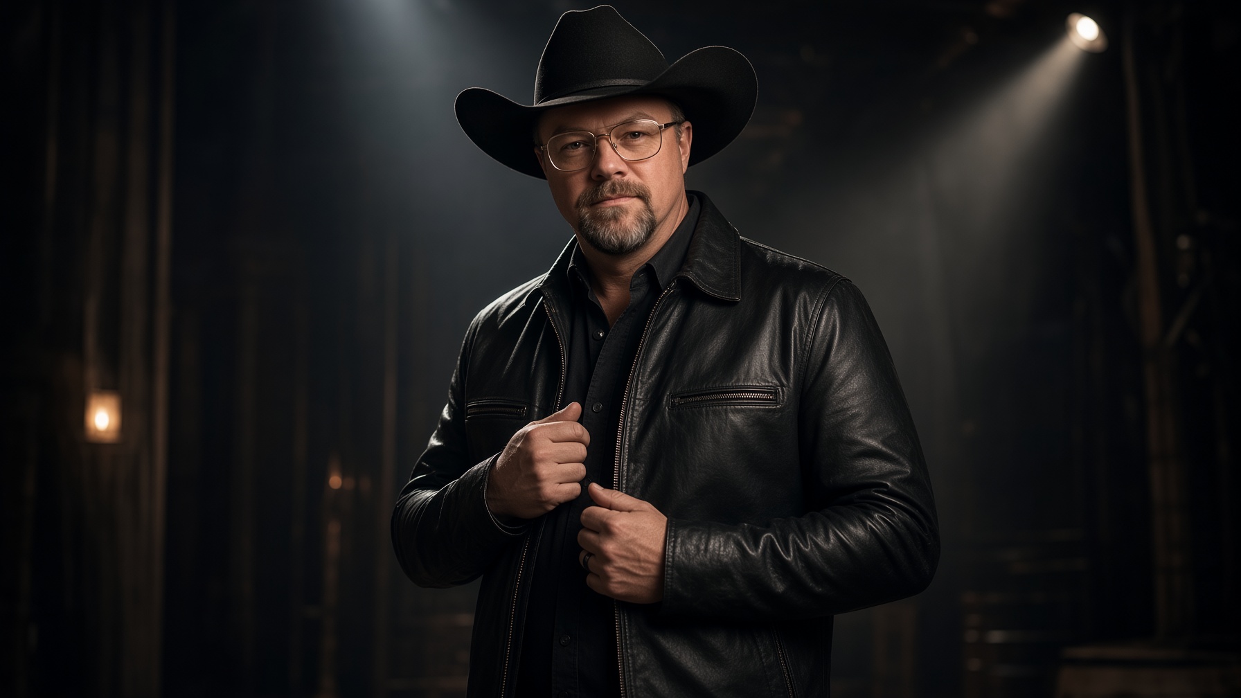 Chad Sanders under a dramatic spotlight in a dark barn, leather jacket